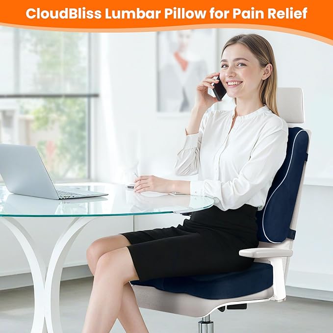 CloudBliss Ergonomic Lumbar Support Pillow Seat Cuhsion - Memory Foam for Lower Back Pain Relief, Adjustable Straps & Mesh Cover for Office, Gaming, Car Seat (Blue)