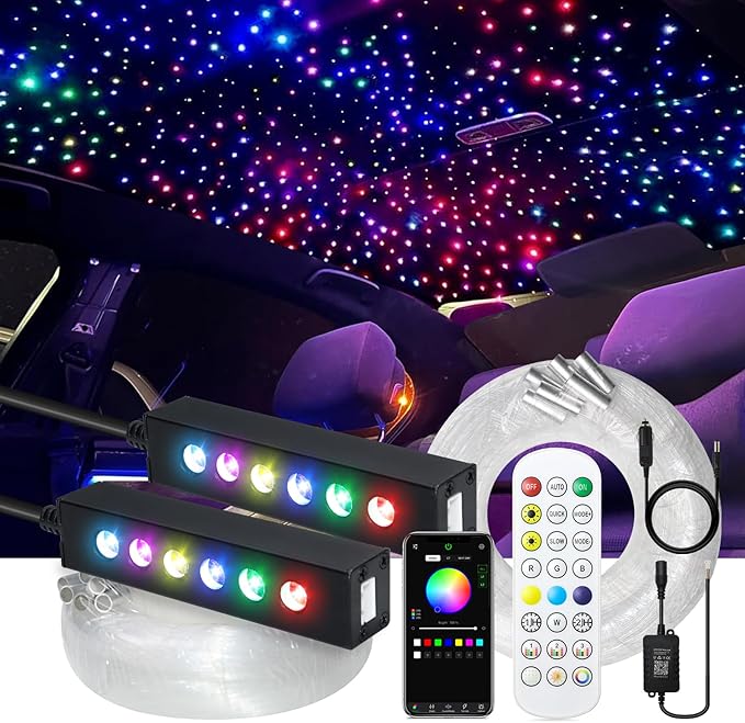 WEBUPAR 2PCS 3.2W 6LEDs Meteor Starlight Headliner Kit, 600pcs 0.01in 6.56ft, RGBW Shooting Stars Fiber Optic Lights with Bluetooth APP Control for Car/Home Theater