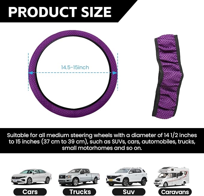 Elastic Stretch Car Steering Wheel Cover, Comfortable Steering Wheel Cover Universal for 14.5-15 Inch, Warm in Winter & Cool in Summer, Anti-Slip Breathable Ice Silk (Purple)