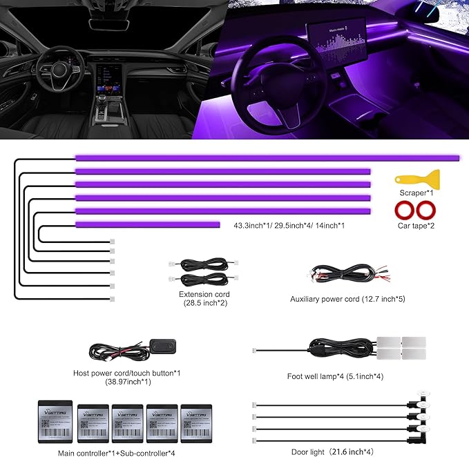 RGB Acrylic Interior Car LED Strip Light with Wireless APP, 14 in 1 with 175 inches 593 LEDs Neon LED Strip Light, 16 Million Colors Dynamic Music Sync Car Ambient Lighting Kits
