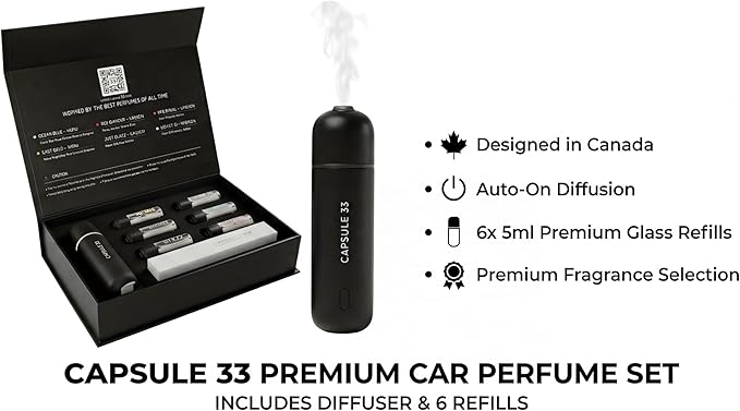 Car Perfume Diffuser, (UPGADED) Air freshener, Waterless Diffuser, Smart Ultrasonic Air Freshener with 6 Premium Fragrances, Automatic (On/Off), Car Gift for Men and Women (Black)