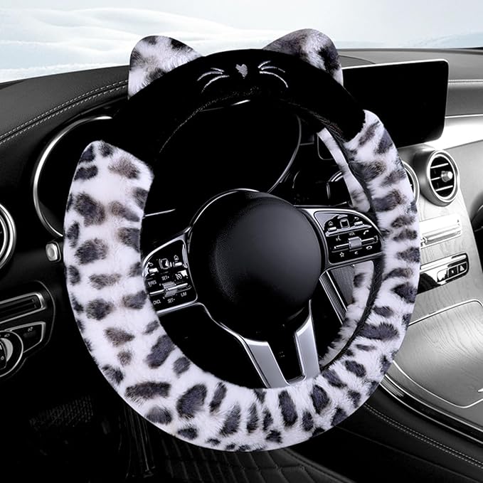 Dotesy 3D Ear Furry Cheetah Car Steering Wheel Cover Set Fluffy Faux Wool Steering Wheel Protector Leopard Anti-Slip Soft Warm Car Accessories for Women (White Black)