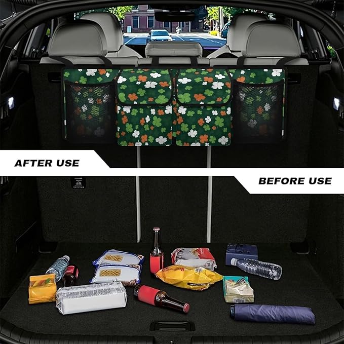 Lucky Leaf Car Trunk Organizers, St. Patrick's Day Backseat Hanging Organizer with 4 Large Storage Bag, Waterproof Car Organizer with Adjustable Strap, Road Trip Large Capacity Bag