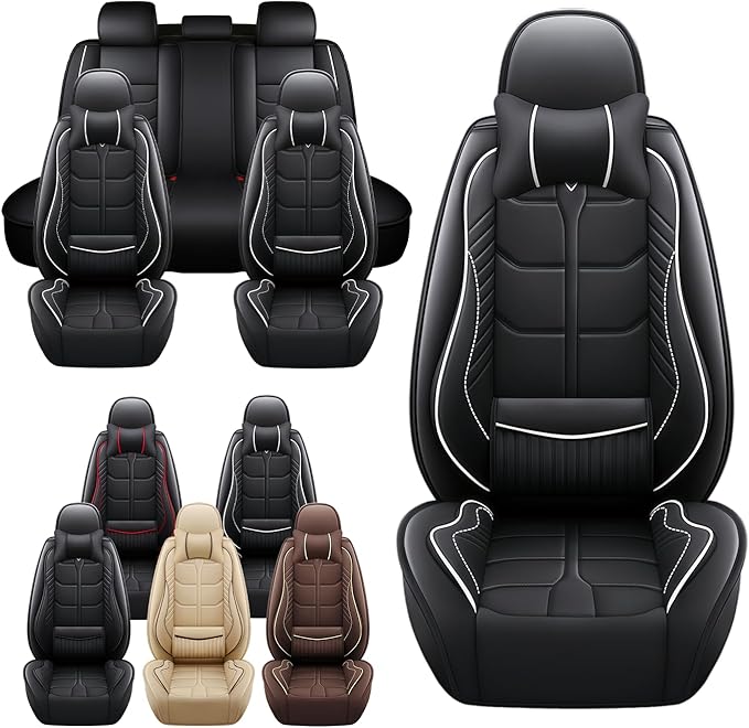 Leather Car Seat Covers Fit for Toyota Highlander 2001-2024, 5 Seater Car Seat Cover, Premium Waterproof, Scratch Resistant Car Interior Accessories (Full Set with Pillow Black White)