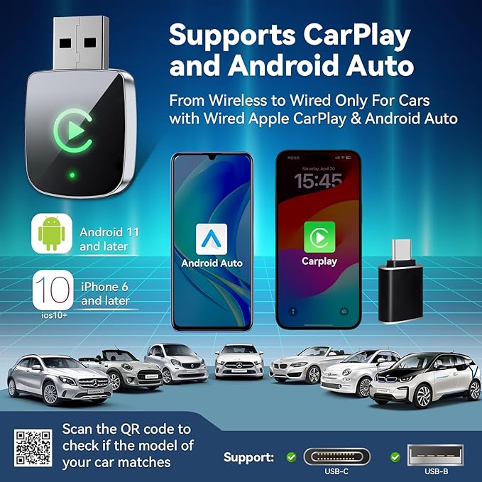 2026 Upgrade Wireless CarPlay Adapter for iPhone,2 in 1 for Apple Carplay and Android Auto Adapter,Convert Wired to Wireless, Plug & Play Mini CarPlay USB to USB-C/Type-C, Stable Control & No Delay