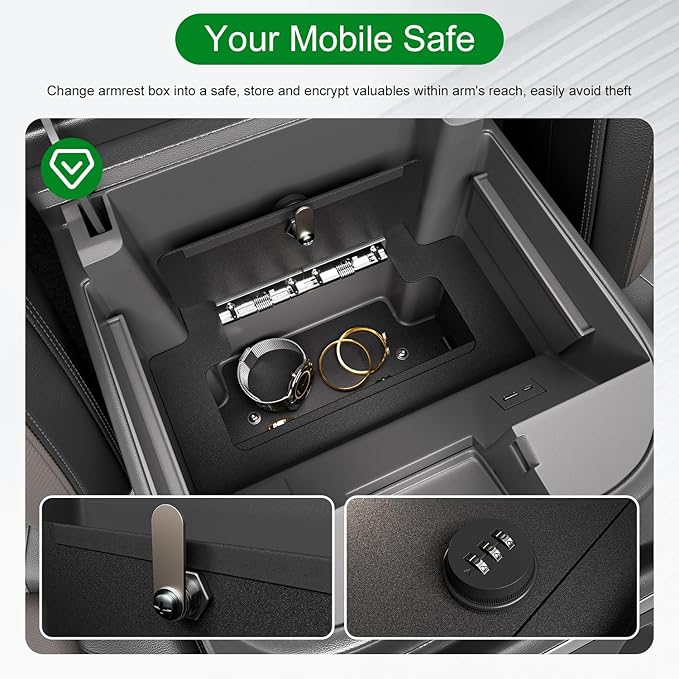 Center Console Safe Vault Compatible with 2023-2026 Chevy Silverado GMC Sierra 1500 Modified 2022 Model Console Safe Organizer Lock Box Replacement for 2022-2026 Chevy Silverado Accessories