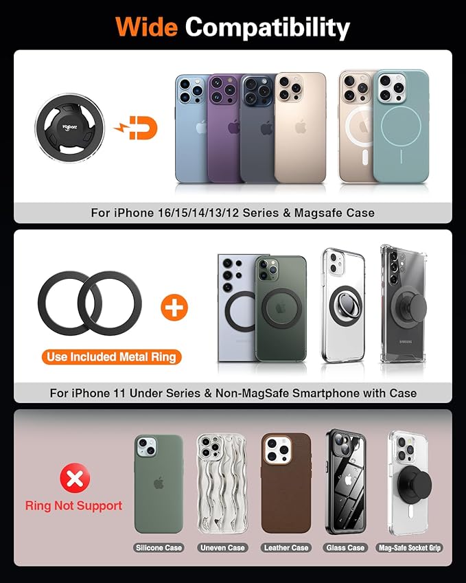 volport for MagSafe Adhesive Phone Mount: 【Strong Magnetic】 Mag Safe Car Holder for Dashboard - 【360° Rotation】 Universal Dash Cell Phone Automobile Cradle with Sticky Small Base for iPhone Samsung