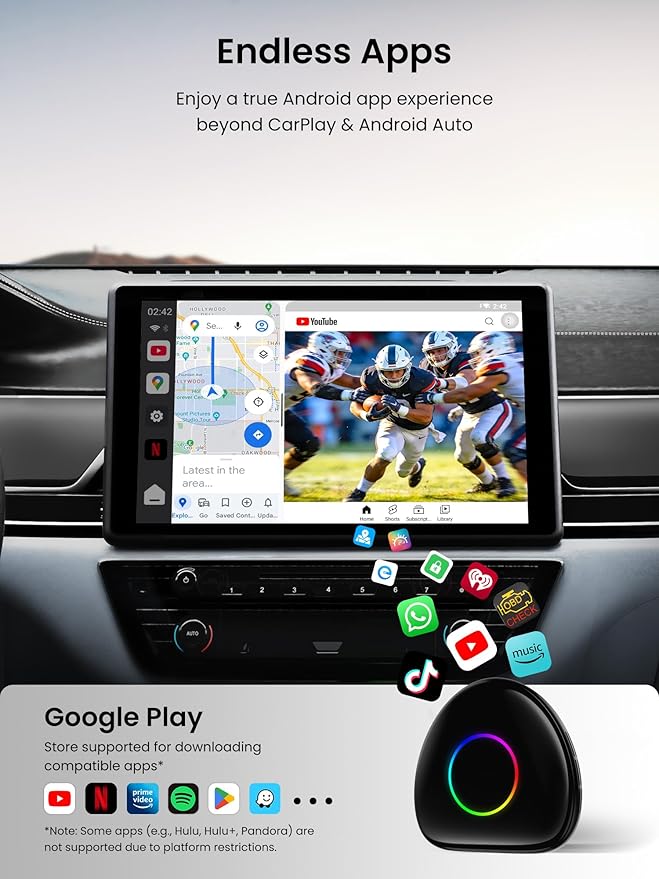 Magic Box - AI Box CarPlay & Android Auto Wireless, 8GB+128GB Android Car Video Box with Built-in 4G/ Wi-Fi/Dual Bluetooth/USB, Built-in GPS & AI, microSD Playback, OTA, Black, CB6D