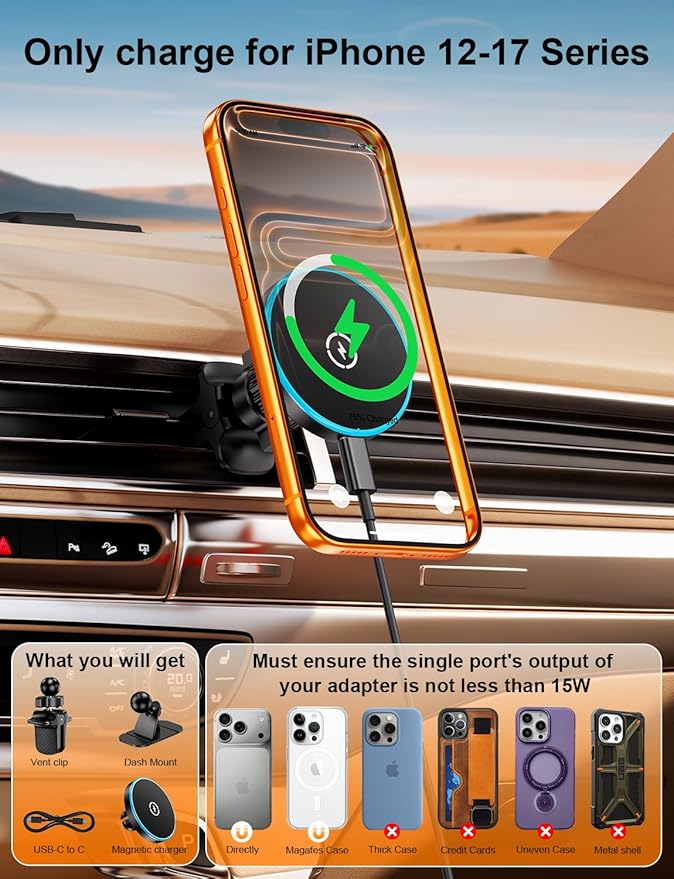 for Magsafe Car Mount Charger, [100% Stable] 15W 2 in1 Magnetic Wireless Car Charger, Vent/Dashboard Phone Holders for Your Car for Women Men Car Phone Holder Car Charger for iPhone 17 16 15 14 13