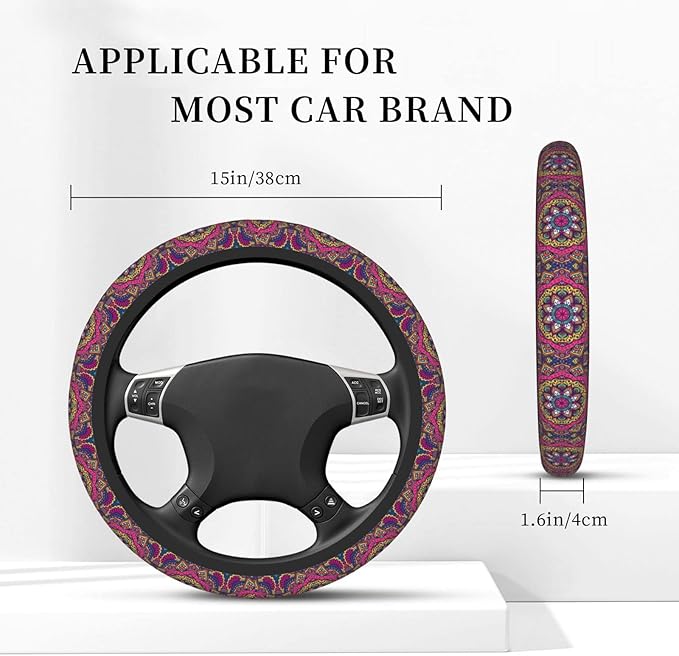 Purple Boho Auto Car Mandala Steering Wheel Cover Universal 15 Inch Neoprene Interior Decor Protection Accessories
