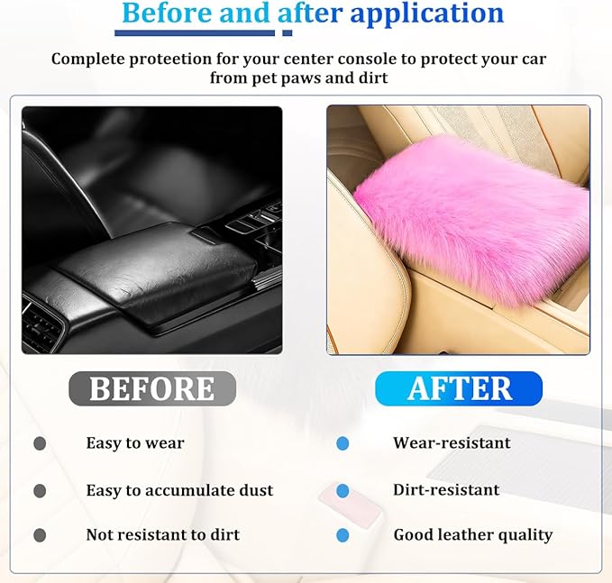 Car Center Console Cover, Fluffy Soft Vehicle Middle Console Arm Rest Cushion Pad, Furry Automotive Interior Armrest Seat Box Protector Decoration Accessories, Universal Fit (Dark Pink)