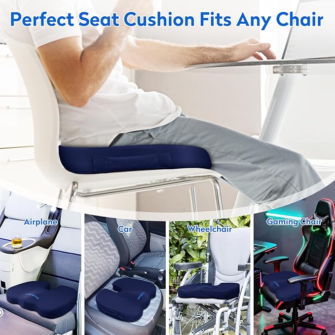 Seat Cushion, Office Chair Cushions, Car Seat Cushion, Non-Slip Sciatica & Back Coccyx Pain Relief Chair Pad, Memory Foam Pillow for Computer Desk, Wheelchair, Driving Large Size (Blue)