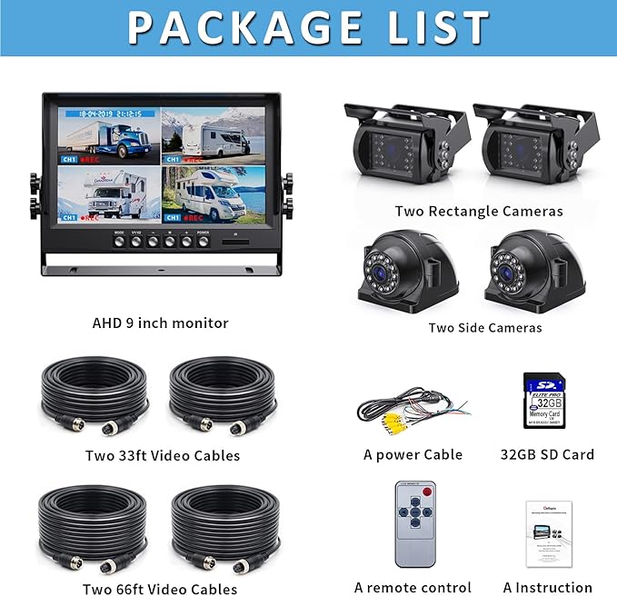 eRapta 1080P Wired Backup Camera System Kit,9" HD DVR Monitor with IP69 Waterproof Reverse/Side View Camera for RV Truck/Semi Box Truck/Trailer A9