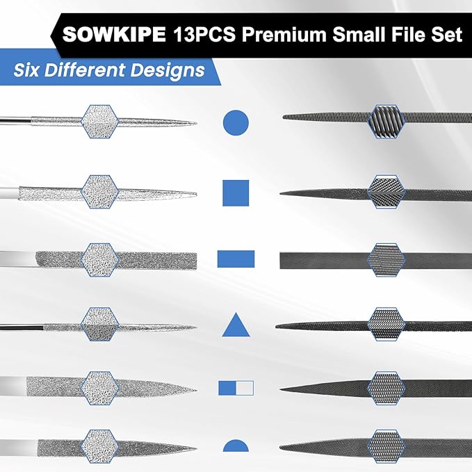 SOWKIPE 13Pcs Premium Small File Set, 6 Diamond Files, 6 Steel Files, Cleaning Brush & Carrying Case for Wood, Plastic, Jewelry, Leather, DIY