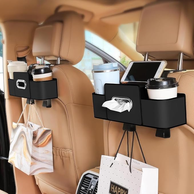 4-in-1 Back Seat Car Organizer, Upgraded Multifunctional Car Storage Box, Hanging Back Seat Storage Organizer, Partition Design, with Phone Holder, Tissue Box, 2 Cup Holders, 2 Hooks