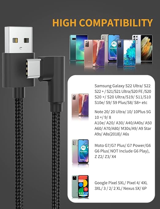 1FT 90 Degree USB C Cable Short, 3Pack Right Angle USB Type C Charger Cable Fast Charging, 3A USB A to USB C Nylon Braided Cord for iPhone 17 16 15 Pro Max Plus, Galaxy S24 S23,Note 20, Moto G, LG,PS5