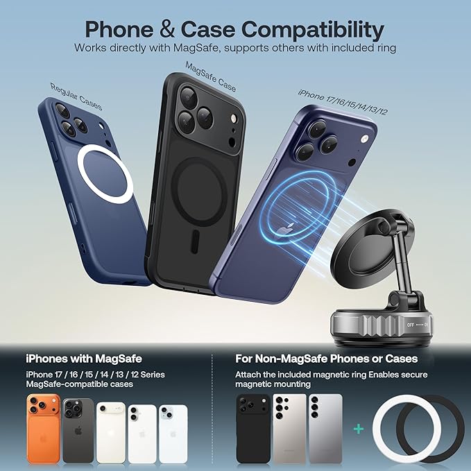 Golinbox Upgraded Nano Gel Vacuum Magnetic Car Phone Holder for MagSafe 360° Adjustable, [100+LBS Suction & 3000gf Magnetic] Suction Cup Phone Mount for Your Car/Gym/Mirror Mount for iPhone & Android