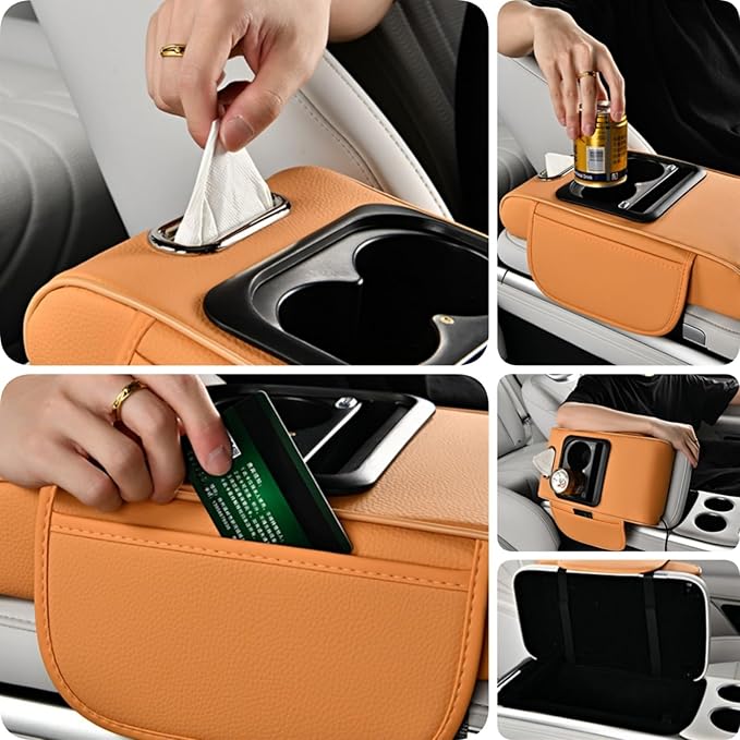 Car Armrest Pad Cover with Red Starry Sky LED Projection, Dual Type-C Charging Ports, Leather Car Center Console Cushion with Cup Holder, Tissue Holder (Red Starry Sky LED Projection, Beige)