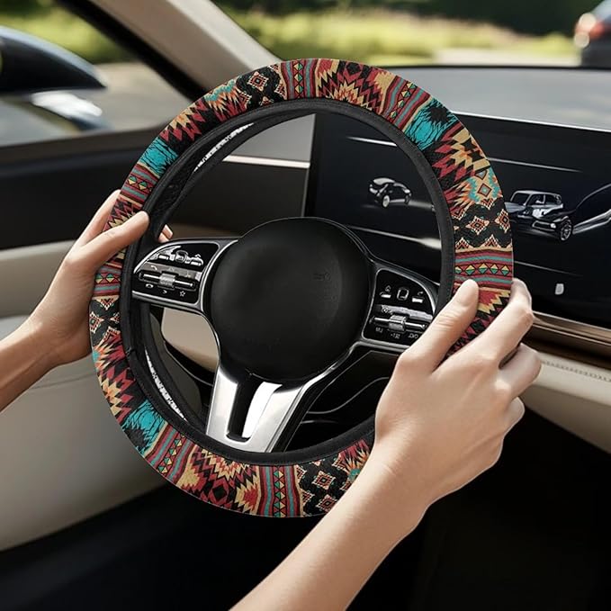 SEANATIVE Car Steering Wheel Cover for Men Breathable Anti Slip Auto Steering Wheel Covers fit Standard Size 15inches, Brown Aztec Geometric Print