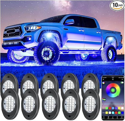 10 Pods RGB LED Rock Lights, Underglow Multicolor Neon Light Kit Wheel Well Light with APP Control & Music Mode, Under Glow Lights for Trucks,Jeep,SUV,Golf Cart,ATV,Pickup Off Road,12 V