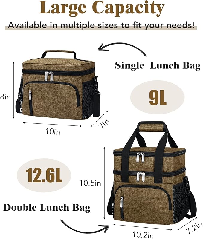 Insulated Lunch Bag for Men & Women, Double Leakproof Lunch Box Soft Cooler Tote with 5 Pockets, 600D Oxford, EVA Lining, Adjustable Strap for Work, Picnic, Beach&Travel-Coffee