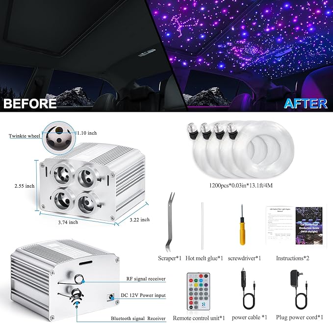 4 Colors 32W Twinkle Car Starlight Headliner Kit 1200pcs*0.03in*13.1ft with APP&RF Remote,RGBW Fiber Optic Strands Star Roof Lights,4 Port Engine Sound Activated Ceiling Star Lights for Home/Car Decor