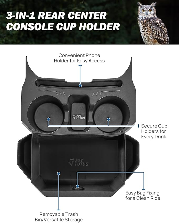 JOYTUTUS Backseat Cup Holder Storage Box Tray Organizer with Removable Trash Bin for Wrangler JL Gladiator JT, 2 Large Cup Holders Phone Storage, Floor Console Mounted Easy No-Drill Installation