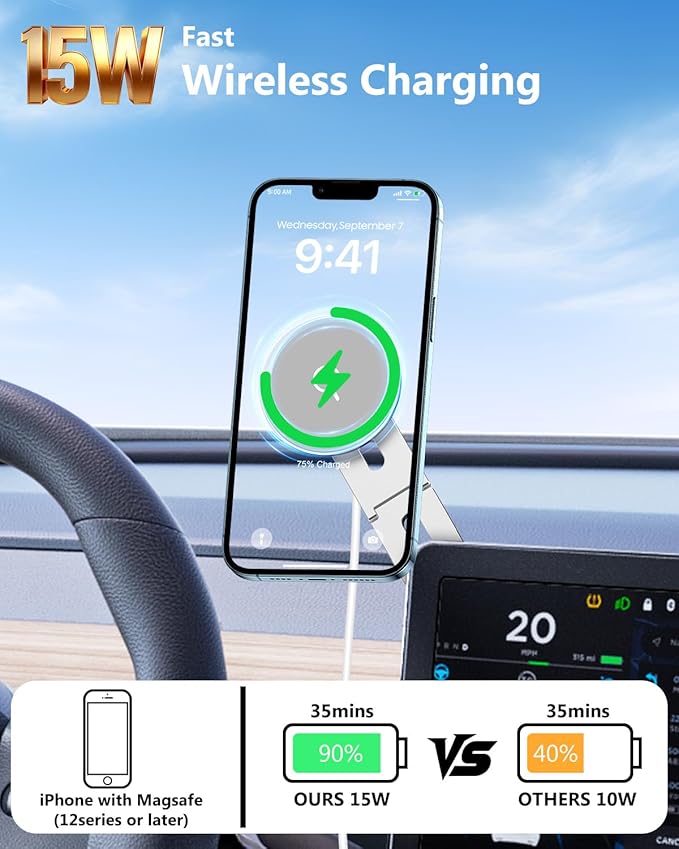 Magnetic Tesla Phone Holder, Laptop Phone Holder for iPhone 17/16/15/14/13/12 Pro Max, Car Magnetic Phone Holder for Tesla Model 3/ ModelY/X/S (Silver)