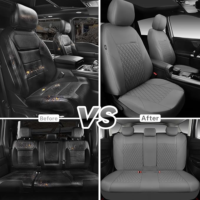 CAR PASS Quilting Faux Leather Seat Covers Full Set, Waterproof Deluxe PU Premium Auto Seat Cover, Breathable Seat Covers Universal Fit for Most Sedan SUV Van Small Truck, Airbag Compatible All Gray