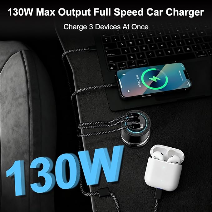 HKyoriyoi 130W USB C Car Charger, 3-Port PD100W+PD30W Super Fast Charging Adapter for iPhone 17/16 Pro Max, Galaxy S25/24 Ultra, Samsung, Android, Type C Cigarette Lighter for Laptop, iPad, MacBook