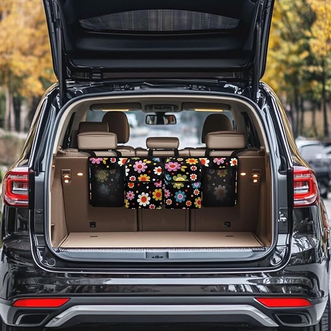 Daisy Car Trunk Organizer Hanging Car Organizer Back Seat, Car Hanging Accessories with 2 Pockets & 2 Mesh Pouches for Groceries, Will Provide More Space for SUV, Trucks, Van, Sedan
