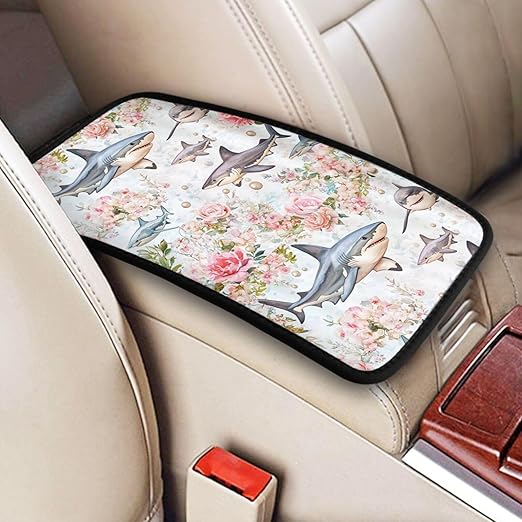 Sharks Sea Life with Pink Car Auto Armrest Cushion Cover Accessories Center Console Seat Box Pad Protector Universal Decoration for Most Vehicle SUV Truck