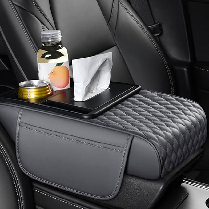 5-in-1 Car Armrest Pad Cushion, Water Ripple Embossed Center Console Booster Pad with Tissue Box, Cup Holder, Storage Bag, Phone Slot, Fit for Most Sedan Vehicles (Water Ripple Series, Grey)