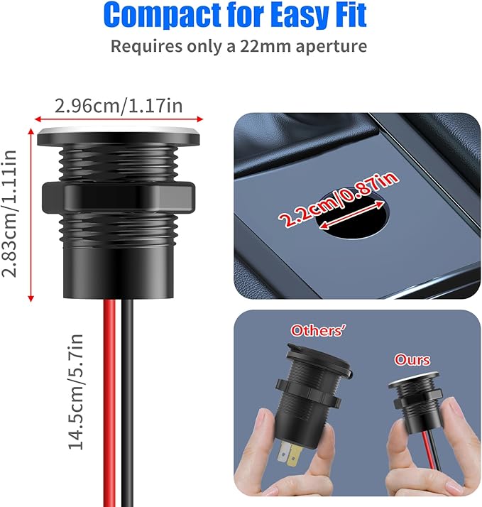 Mini 12V USB Outlet Aluminum Car Charger with PD30W and QC 18W Ports, 22mm Diameter Flush-Mounted Pre-Wired Cigarette Lighter Replacement Charger Socket for Car Boat RV Truck Motorcycle, etc.