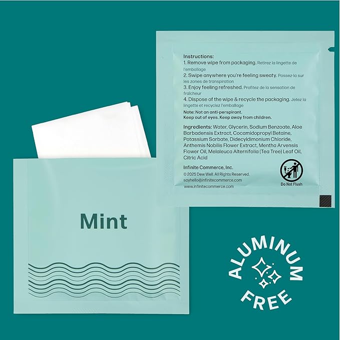 Dew Well Deodorant Wipes - Individually Wrapped Armpit Wipes & Purse Essentials - Sweat-Blocking Mini Deodorant - Compact Tissue Packs & Travel Accessories - 50 Count, Mint