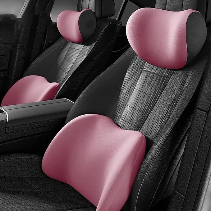 New Car Headrest & Lumbar Support Cushion for Hyundai Santa Fe 2001-2024, Ergonomic Memory Foam Seat Headrest Neck Rest Cushion Breathable Removable Cover for Neck Back Relief,E/Pink