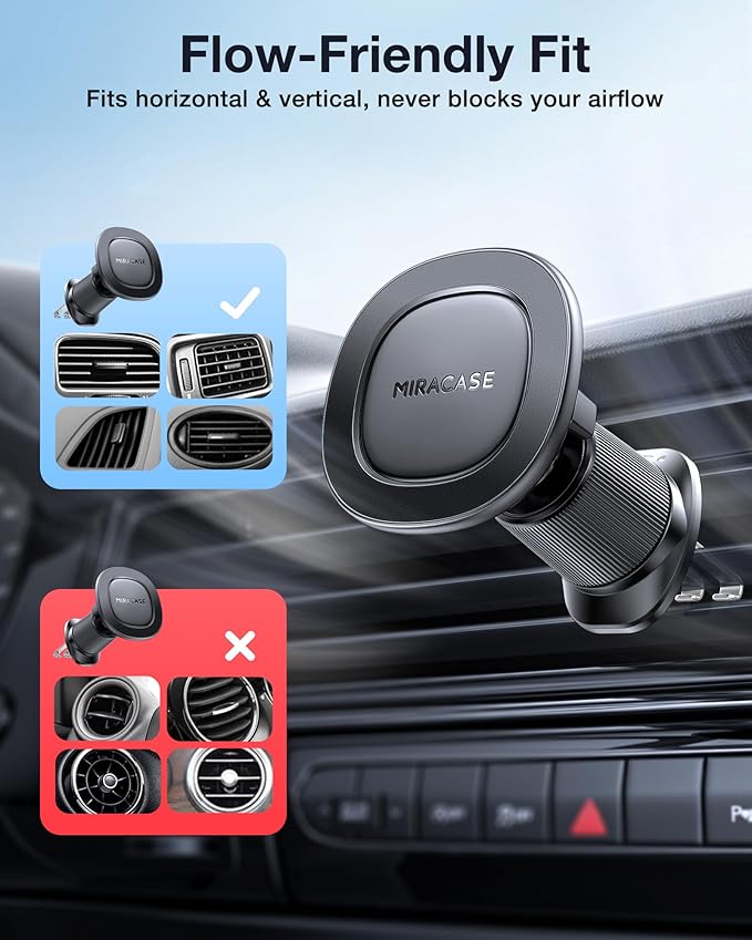 Miracase for MagSafe Car Mount with Metal Hook Clip, Magnetic Phone Holders for Car Phone Holder, Compatible with Garmin GPS Antenna Fit iPhone Android and All Smartphones, Dark Black