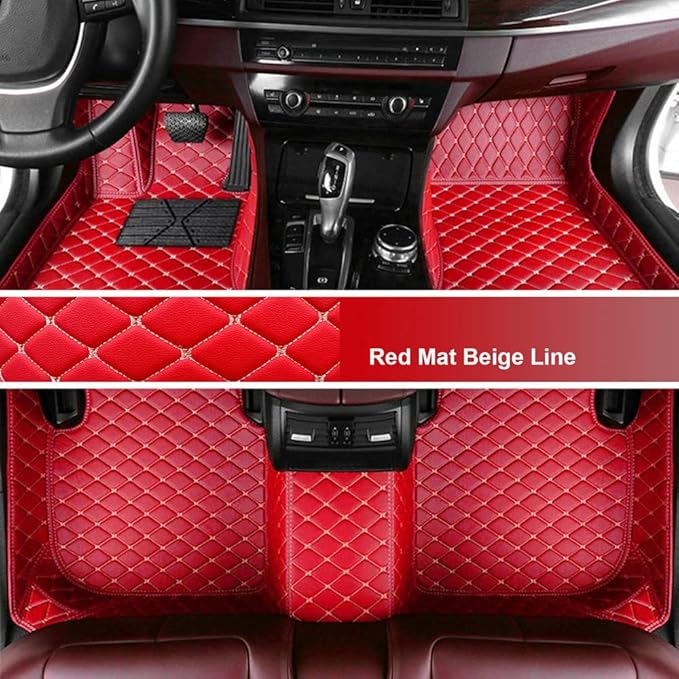 Custom Personalized Floor Mats for Cars - Luxury Full Coverage All Weather Mats, Anti-Slip Leather Mat Set, Fit for 99% of Cars, SUVs & Trucks (Red Mat Beige Line, A-Diamond)
