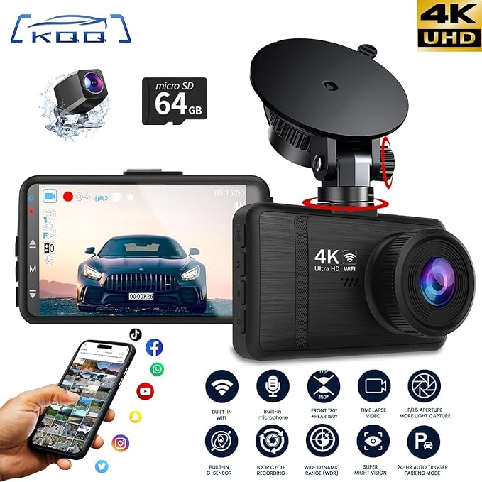 Dash Cam Front and Rear, 4K HD Dash Cam for Cars Built-in WiFi, Car Camera with Night Vision, 64GB Card, 170°Wide Angle, WDR, 3" IPS Screen, Loop Recording, G-Sensor, 24 H P Monitor (K26)