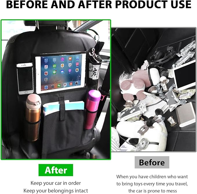 2PCS Car Backseat Organizer, Multi-Pocket Back Seat Protector with 10.2" Tablet Holder, Waterproof Oxford Fabric Storage Bag Auto Kick Mat for Kids Toddlers (B with Zipper)