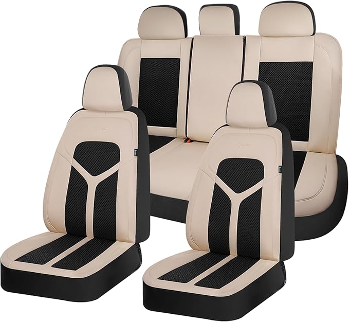 FLORICH Car Seat Covers Full Set, Universal Seat Cover 5 Seats, Automotive Seat Covers with Mesh Leather, Waterproof Car Seat Protector, Breathable Car Seat Cushion for Most Car SUV Truck, Beige