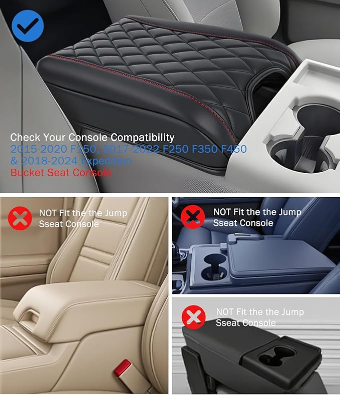 Center Console Cover for 2015-2020 F150, 2017-2022 F250 F350 F450, 2018-2024 Expedition Accessories, Leather Middle Armrest Console Cover Elbow Arm Rest Cushion (Bucket Seat Only)