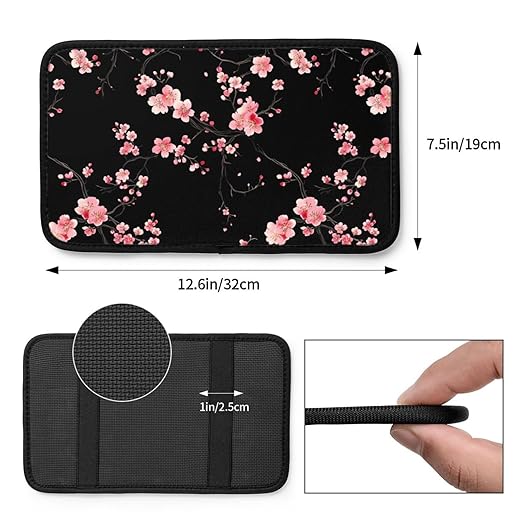 Nice Sakura Blossom Black Car Auto Armrest Cushion Cover Accessories Center Console Seat Box Pad Protector Universal Decoration for Most Vehicle SUV Truck