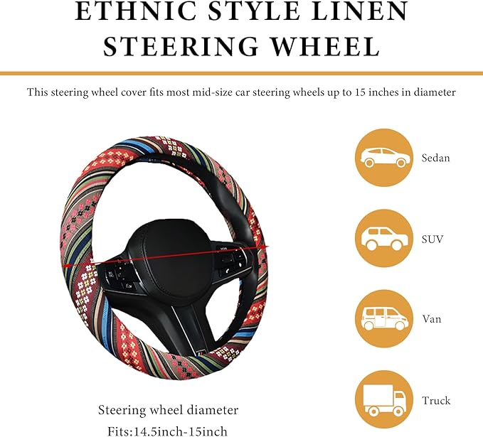Boho Steering Wheel Cover, 15 Inch Coarse Flax Cloth Ethnic Style Anti-Slip Car Wheel Wrap, Universal Breathable Bohemian Steering Wheel Protector for Cars Vans Trucks (F)