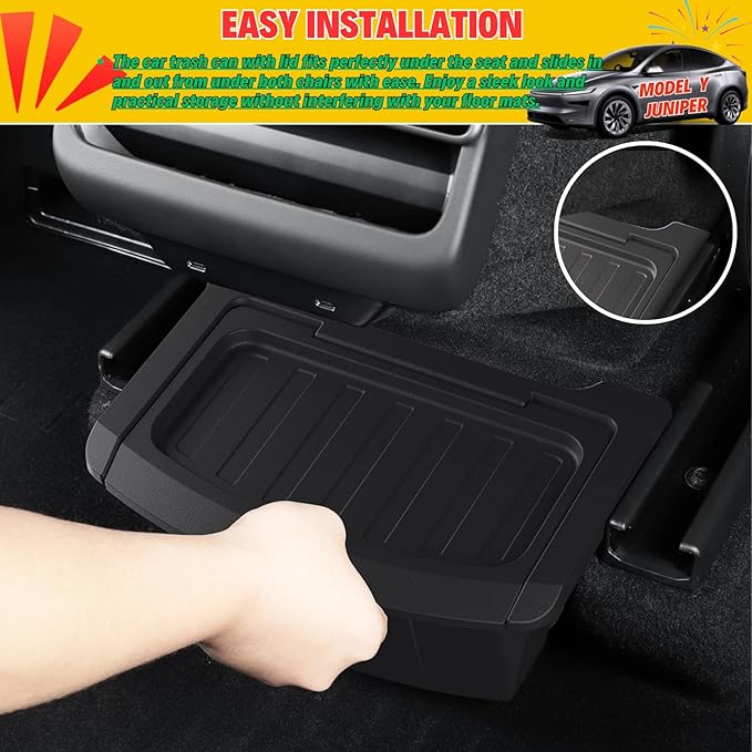 2026 Model Y Juniper Trash Can Back Seat Compatible with New Tesla Model Y Juniper Rear Center Console Floor Organizer Storage Box with Lid Garbage Can - TPE, Black