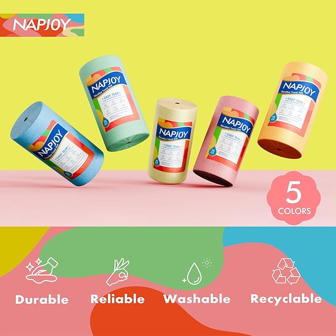 Napjoy Microfiber Cleaning Cloth Roll, 75PK Easy Tear Away Reusable Paper Towels, 12" x 12", Lint-Free and Scratch-Free with Patented Fiber Technology Microfiber Towel Roll, Pink