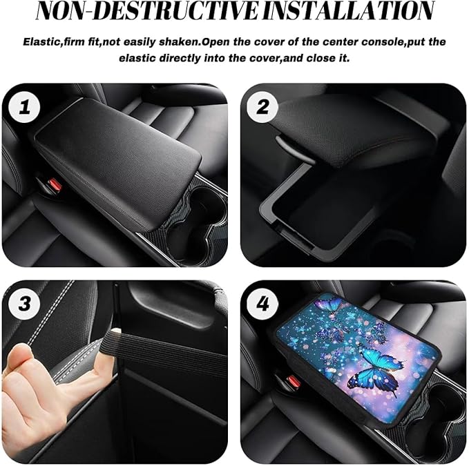 Blue Sparkling Butterfly Print Center Console Covers for Cars Soft Auto Armrest Storage Box Mat Non-Slip Car Armrest Cover Cushion Armrest Cover Center Console Pad