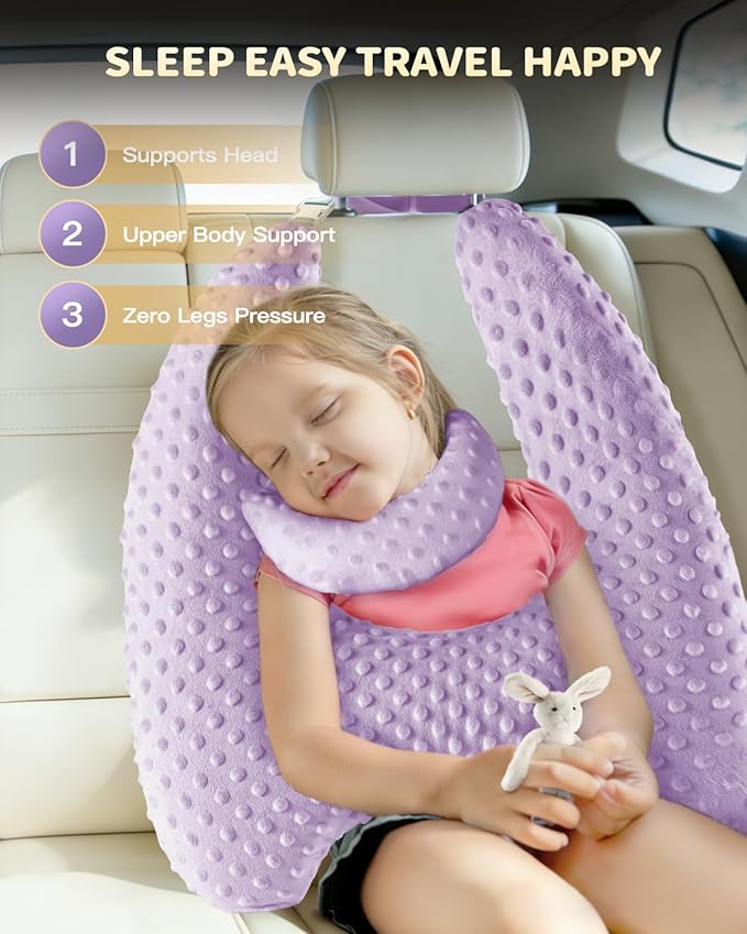 Memory Foam Kids Travel Pillow, Car Pillow for Kids, H-Shape Car Pillows for Sleeping, Removable Pillowcase, Adjustable, Velvet Dots, Purple