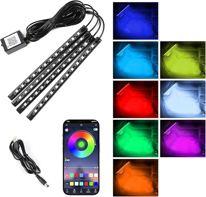 Wuyaoyao Car LED Interior Light, 48 LED Lights Multicolor Music Car Strip Light, Car Strip Light with Sound Active Function and Remote Control, Under Dash Lighting Kit (USB+APP)