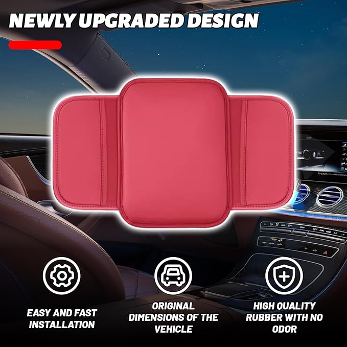 Car Center Console Cover, Leather Comfort Armrest Cover with 2 Storage Bag, Interior Car Accessories Universal Car Arm Rest Cover Pad for Car Decoration and Storage, Fit for Most Vehicle (Red)